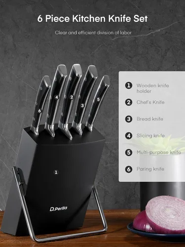 Vista 2 de D.Perlla - Juego de cuchillos de cocina pequeños de 6 piezas con bloque, juego de cuchillos de acero inoxidable alemán, juego de bloques de Negro