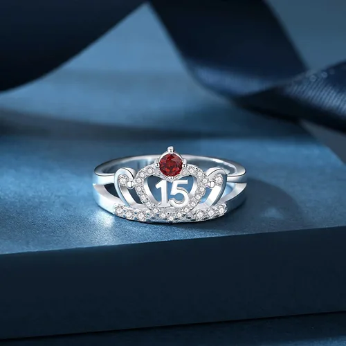 Vista 4 de Piedras de nacimiento joyería para hija, regalos de plata, anillos de quinceañera, anillos de quinceañera, anillo de corazón abierto, circonita