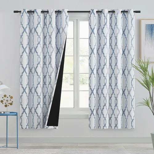 Vista 2 de [Usado] Cortinas 100% blackout, de 63 pulgadas de largo, para dormitorio, azul gris con estampado geométrico marroquí en blanco, cortinas