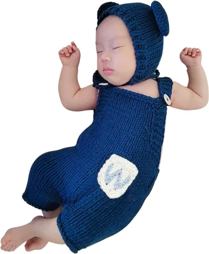 Vista 16 de Traje de oso de fotografía para recién nacido, traje de ganchillo para sesión de fotos de bebé, mameluco de punto para niño y niña