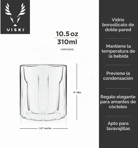 Vista 3 de Viski Vasos de doble pared con diseño de cristal cortado, aptos para lavavajillas, 10.5 onzas, juego de 2