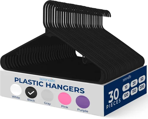 Vista 9 de SereneLife - Juego de 10 perchas de plástico con gancho de metal, color negro Non-Slip, Lightweight hangers with a slim profile help keep closets