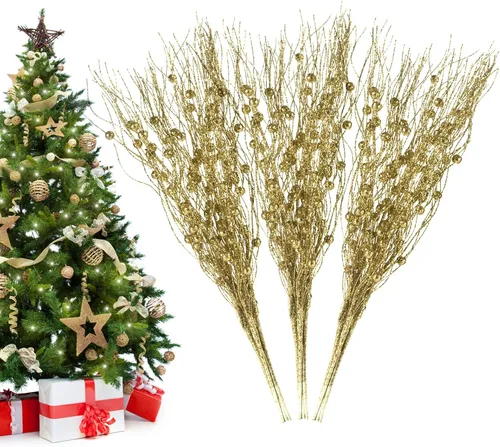 Vista 15 de Losris Decoración de tallos de bayas artificiales con purpurina para Navidad, palitos decorativos de cuentas, picks de Navidad, ramitas y ramas
