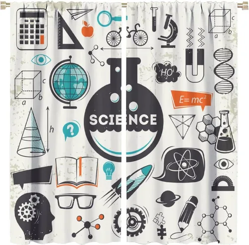 Vista 14 de Cortinas opacas para ventanas de ciencia para niños, lupa de libro de laboratorio de ciencia, lupa, frascos moleculares, cortinas impresas