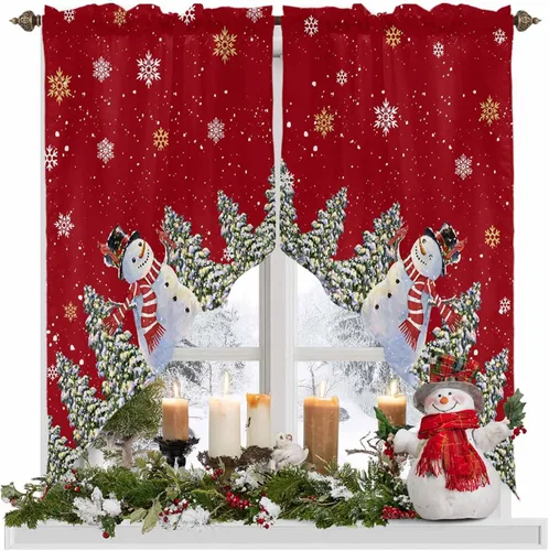 Vista 17 de BEMIGO Cortinas de cocina de Navidad, lindas cortinas de granja con muñeco de nieve azul, cenefa con bolsillo para barra de copos de nieve
