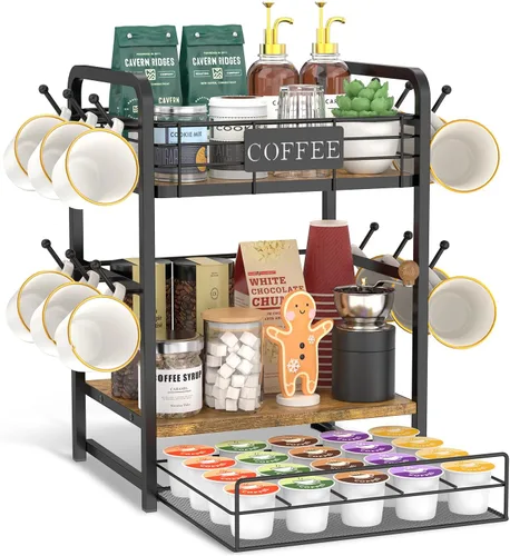 Vista 10 de EsLuker.ly Soporte para tazas de café, organizador de estación de barra de árbol, soporte para tazas de 2 niveles para encimera de cocina, estante