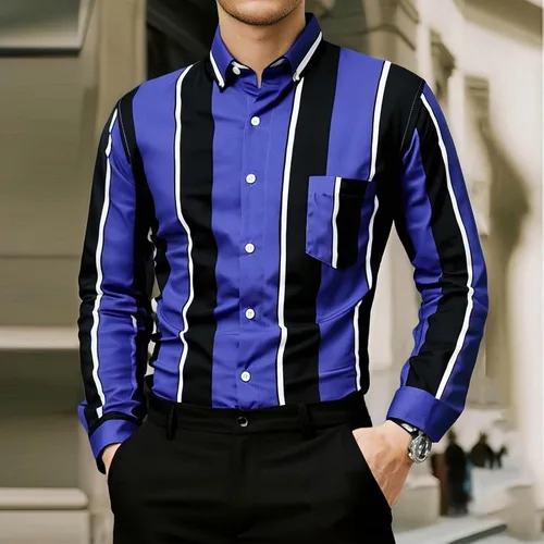 Vista 2 de Camisa a rayas para hombre, manga larga con estampado retro de discoteca de los años 70, ajuste regular, parte superior con bolsillo