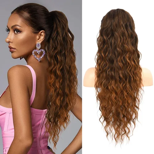 Vista 20 de FLUFYMOOZ Extensión de cola de caballo de 22 pulgadas, extensiones de cabello sintético ondulado largo y rizado para mujer