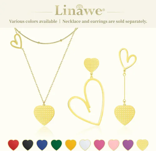 Vista 6 de Linawe Aretes colgantes con forma de corazón para mujer, de acero inoxidable, hipoalergénicos, asimétricos, para el día de San Valentín
