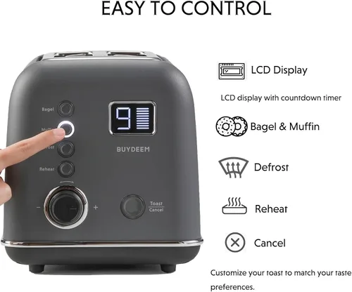 Vista 4 de BUYDEEM DT730 Tostadora motorizada, tostadora digital inteligente sin palanca de 2 rebanadas con temporizador de cuenta regresiva LCD, ajustes de 9