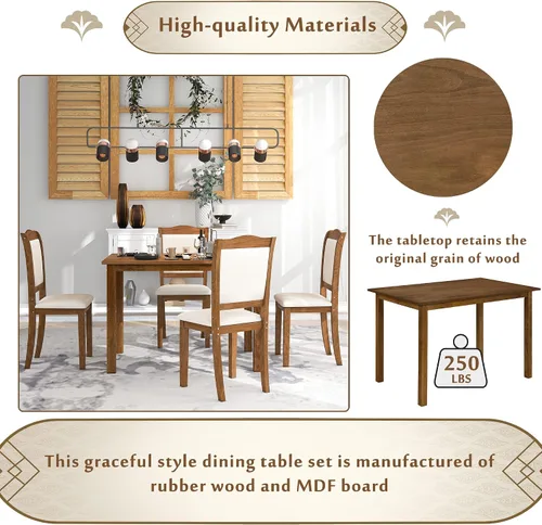 Vista 6 de RUNNA Juego único de mesa de comedor de madera de 5 piezas con mesa rectangular y 4 sillas tapizadas, para lugares pequeños y cocina, cómodo