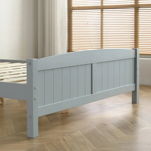 Vista 6 de Karl home Base de cama de madera tamaño matrimonial con cabecero, plataforma para dormitorio con estribo, soporte de 12 listones de madera, no Gris