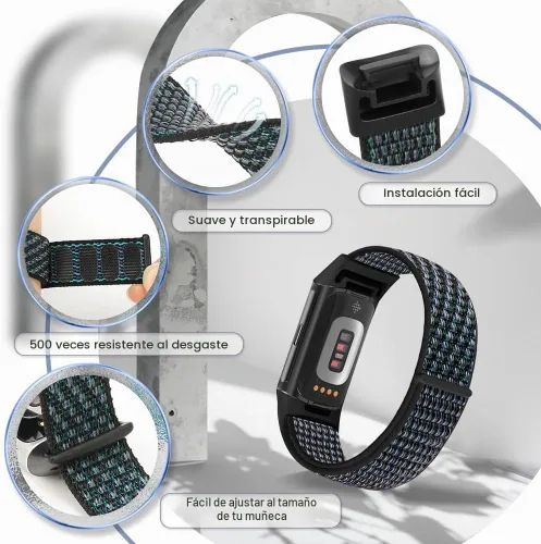 Vista 5 de Correas de nailon para reloj deportivo compatibles con Fitbit Charge 6/5, correa de muñeca ajustable, transpirable, de repuesto, suave, de bucle