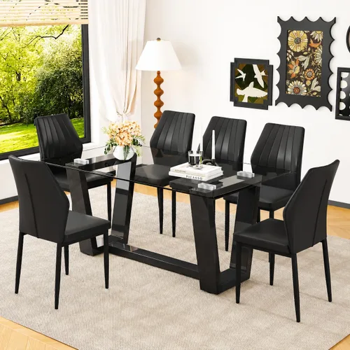 Vista 11 de Juego de mesa de comedor de cristal para 4, juego de mesa de cocina moderno de 63 pulgadas con parte superior de vidrio templado, base trapezoidal