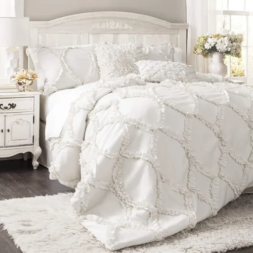 Vista 13 de Juego de edredón Lush Decor Avon, juego de 3 piezas, tamaño Full/Queen, color marfil - Juego de cama romántico estilo granja - Elegante ropa de cama