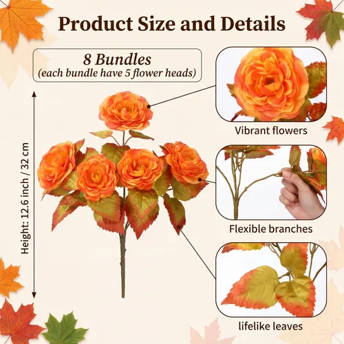 Vista 2 de Thiccywoov 8 Bundles Orange Artificial Flowers 40 Heads Fall Camellia