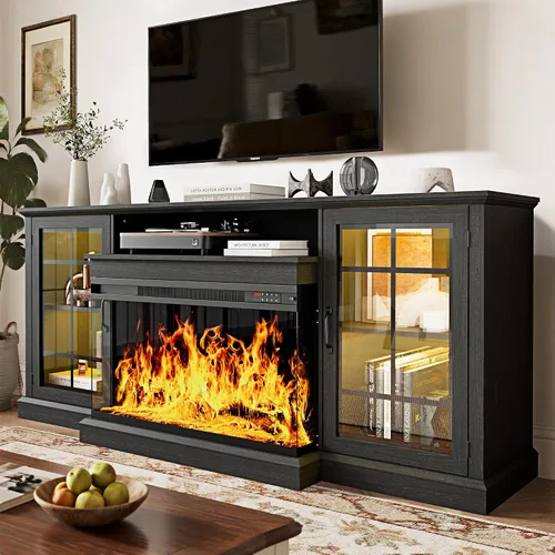 Vista 11 de MXV - Soporte de chimenea para TV de 59 pulgadas, centro de entretenimiento estilo granja con soporte de TV de 3 lados de vidrio, consola multimedia