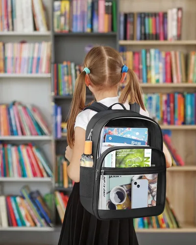 Vista 4 de KIMNERPU Mochila Transparente, Mochila de Libros Transparente de Servicio Pesado para la Escuela, Negro, Mediana, Moderno