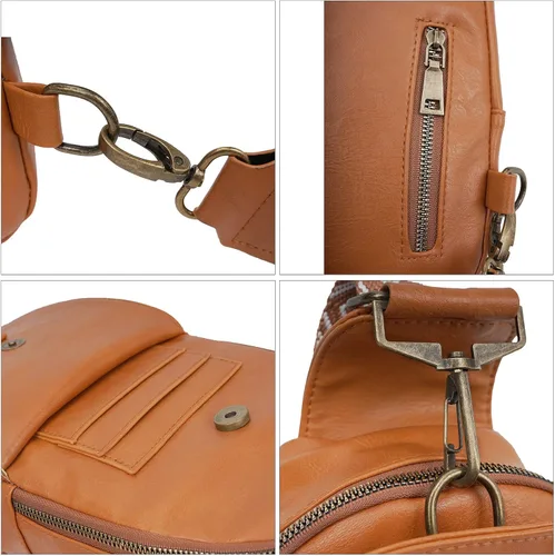 Vista 3 de Bolso bandolera para mujer, de piel sintética, bolso cruzado pequeño con correa de guitarra, bolsa de pecho para ciclismo, senderismo, viajes