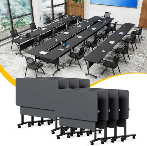 Vista 16 de Mesa de conferencias plegable con ruedas, mesa modular para sala de conferencias con 2 ojales para cables, mesas móviles de sala de reuniones