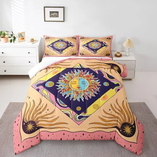 Vista 26 de Juego de edredón de champiñones para niños, tamaño individual, juego de ropa de cama romántica con sol, luna, cielo estrellado y galaxia, decoración