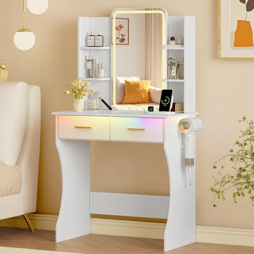 Vista 18 de Escritorio de tocador con espejo iluminado HD y luces, pequeño tocador de maquillaje acanalado con cajones y estantes de almacenamiento, juego