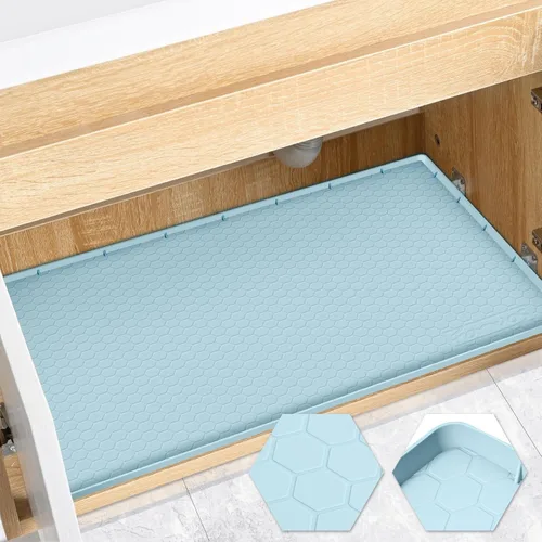 Vista 21 de Tapete impermeable para debajo del fregadero de 22 x 19 pulgadas, forro de silicona para gabinete, protector de goma para cocina y baño, mantiene