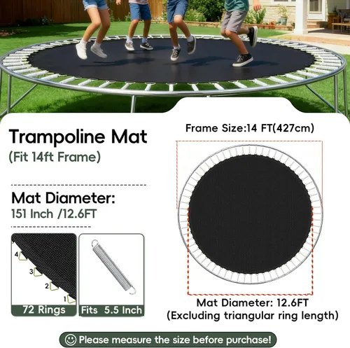 Vista 2 de Alfombrilla de repuesto para cama elástica, alfombrilla de 12.6 pies de diámetro con 72 anillos, se adapta a trampolines de 14 pies y resorte de 5.3