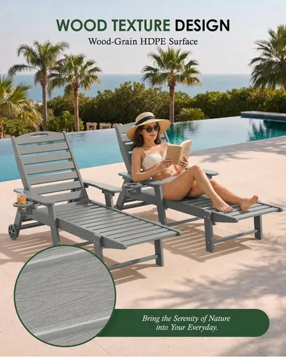 Vista 7 de Tumbona al aire libre, silla de descanso al aire libre con textura de madera, respaldo ajustable de 5 posiciones, silla de salón de polietileno