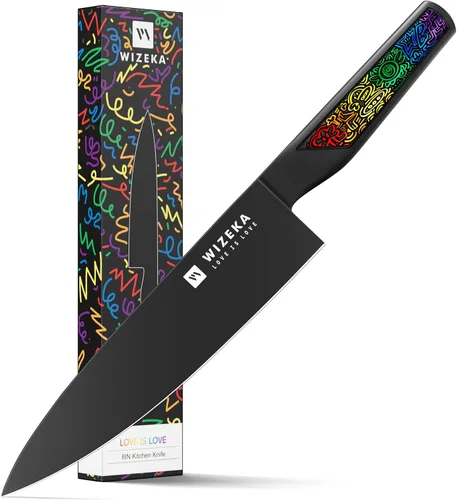 Vista 9 de WIZEKA Cuchillo de cocinero: 8 pulgadas: Cuchillo de cocina extremadamente afilado: acero inoxidable de alto carbono de espiga completa: cuchillo