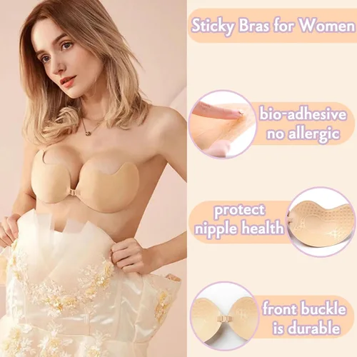 Vista 4 de 2 pares de sujetadores adhesivos con realce de pecho, brasier sin tirantes, sin tirantes, reutilizable, para mujer