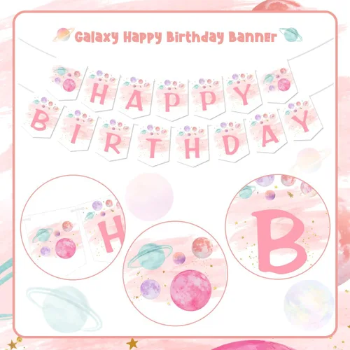 Vista 5 de Decoraciones de cumpleaños de primer viaje alrededor del sol, pancarta rosa para silla alta y decoración de pasteles, guirnalda de feliz cumpleaños