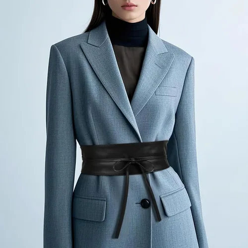 Vista 5 de JASGOOD Cinturón de cuero estilo Obi para mujer, cinturón ancho cruzado Negro