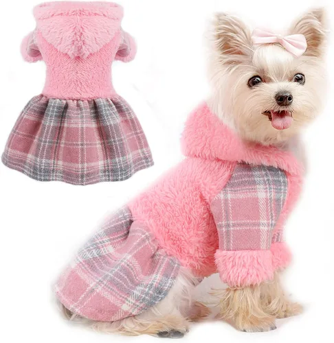 Vista 7 de Suéteres para perros pequeños para niñas, vestido de invierno para cachorros, sudadera con capucha de forro polar, ropa cálida para mascotas