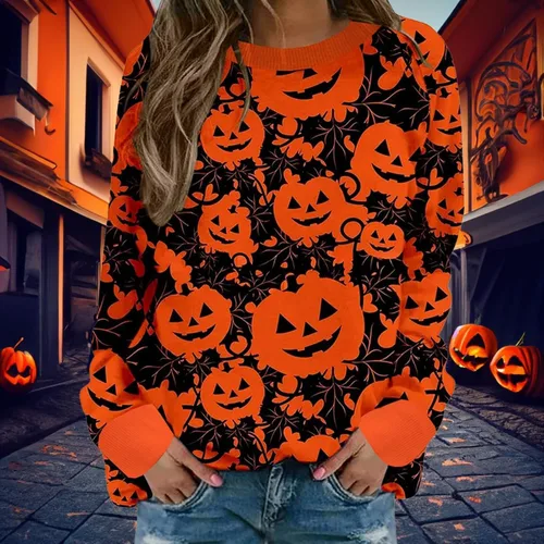 Vista 4 de Sudaderas de Halloween para mujer, camisas de manga larga, cuello redondo, estampadas, holgadas, casuales, ropa de otoño 2023