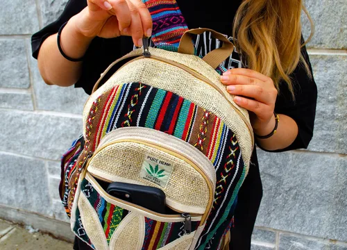 Vista 6 de Himalayan Fashion - Mochila mediana de cáñamo hecha a mano, estilo marihuana bohemia, bolsa de viaje, color negro, beige, negro, (Black, Beige)