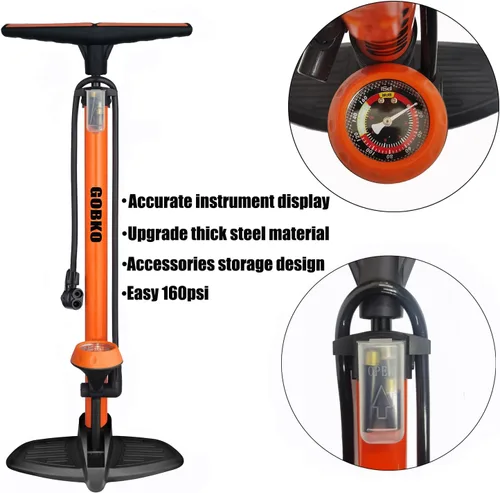 Vista 9 de GOBKO Bomba de bicicleta con manómetro, bomba de piso de bicicleta para válvulas Presta y Schrader, inflador de neumáticos de bicicleta, inflador