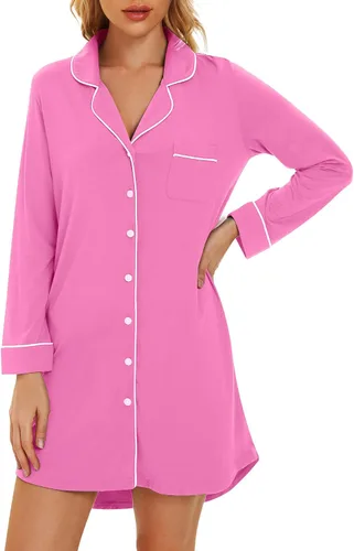 Vista 4 de WiWi Camisones para mujer, viscosa de bambú, suave, manga larga, camisa de dormir S-XXL