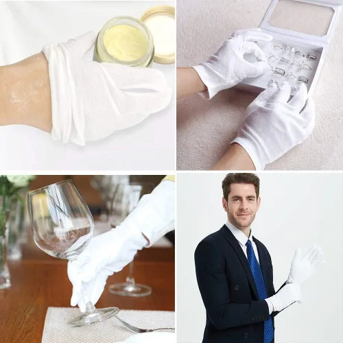 Vista 2 de 24 piezas (12 pares) de guantes de algodón blanco para hidratación de manos secas, cosmética, eczema, spa de manos e inspección de monedas y joyas