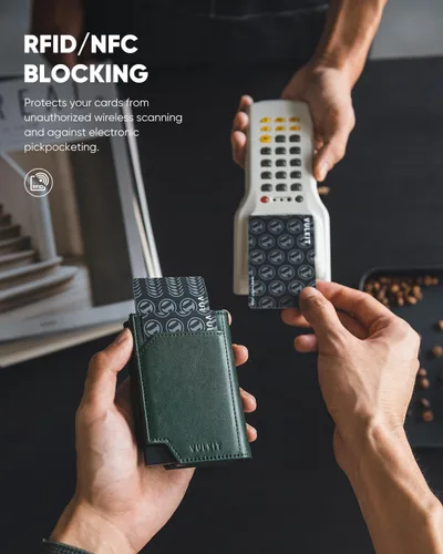 Vista 4 de VULKIT Billetera desplegable de metal para hombre, bloqueo RFID inteligente, tarjetero de crédito, cierre magnético, billetera triple de cuero