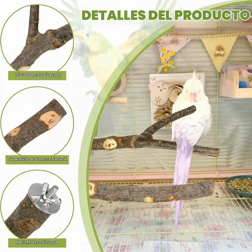 Vista 3 de 5 piezas de percha de madera natural para pájaros - Juego de perchas de rama recta y bifurcada, accesorios para jaula de pájaros para aves pequeñas