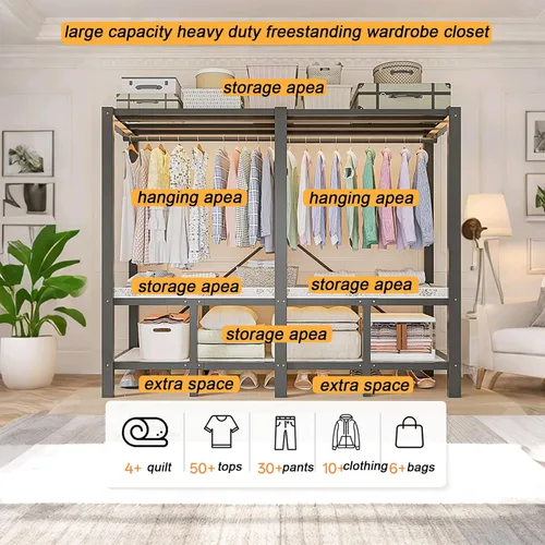 Vista 7 de Armario portátil de 49.2 pulgadas para colgar ropa, perchero plegable resistente con tapa, gran cubierta, armarios plegables independientes, Negro