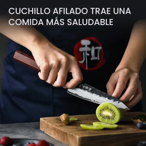 Vista 7 de Juego de cuchillos de cocina 4 piezas, cuchillo de chef de acero revestido Nakiri forjado Santoku, mango octogonal de madera