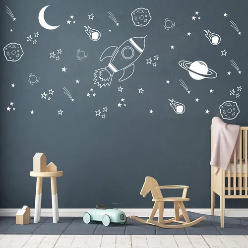 Vista 2 de Calcomanía de pared espacial para guardería, decoración del espacio exterior, cohete, decoración de habitación de niños, planetas para guardería