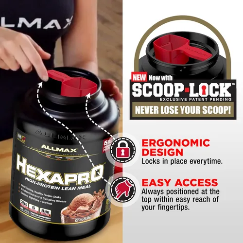 Vista 4 de ALLMAX HEXAPRO, Chocolate - 2 lb - 25 gramos de proteína por porción - 8 horas de liberación sostenida - cero azúcar - 21 porciones