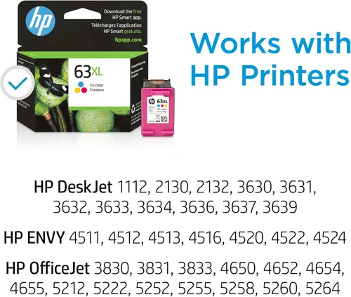 Vista 2 de HP Cartucho de tinta tricolor de alto rendimiento 63XL Funciona con la serie de impresoras: DeskJet 1112, 2130, 3630; Envy 4510, 4520; OfficeJet