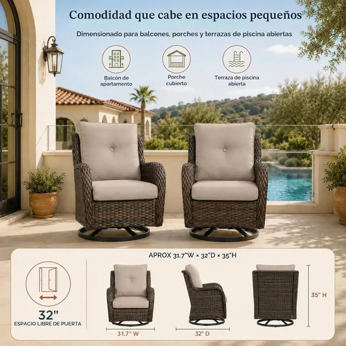 Vista 6 de HUMMUH Juego de 2 sillas giratorias de mimbre para patio, juego de muebles Café/Beige