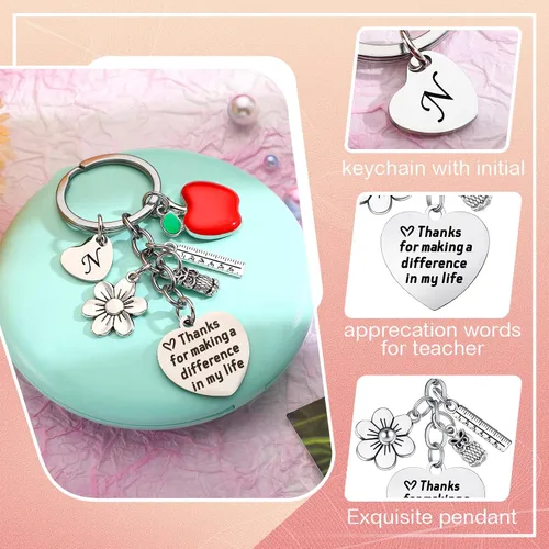 Vista 2 de Fumete Juego de regalos de agradecimiento para profesores para mujeres, bolsa de maquillaje con inicial, llavero para regalo de graduación