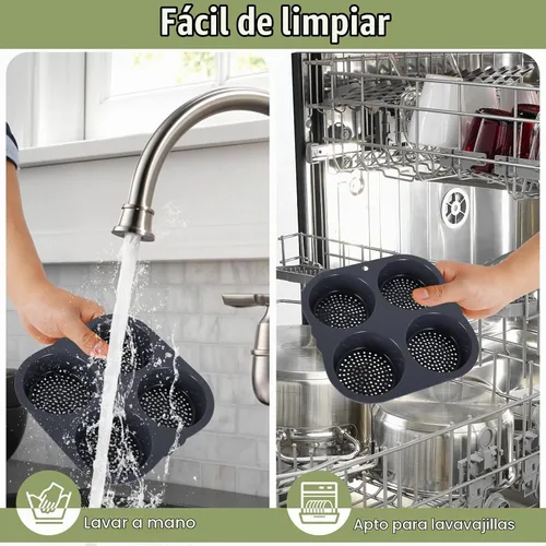 Vista 7 de Molde de silicona para bollo de hamburguesa con 4 cavidades, molde antiadherente para panecillos de hamburguesas flexible, fácil de liberar, lavable