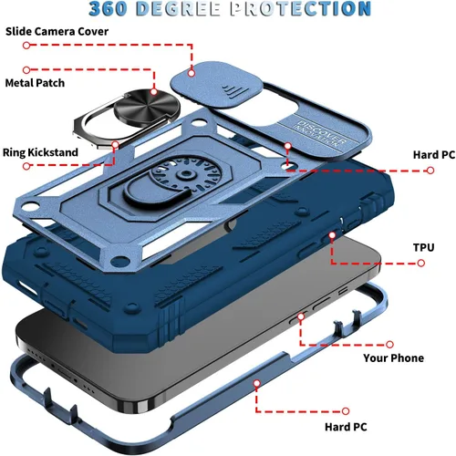 Vista 4 de Fetrim Funda para iPhone 13, Funda de teléfono con soporte de anillo de rotación para Apple iPhone 13 - Azul